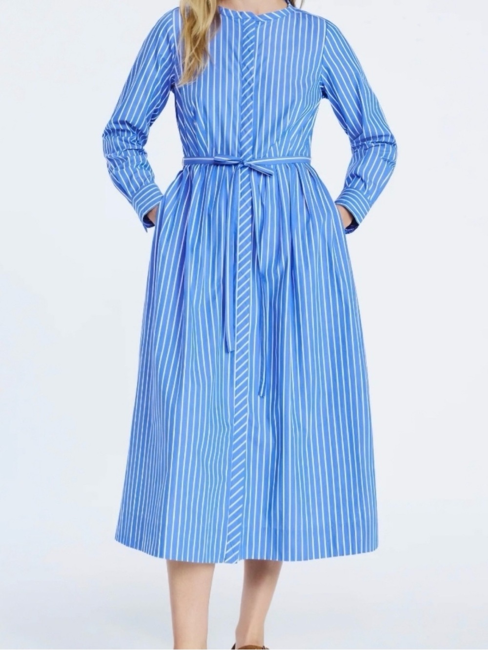 NWT Striped Blue Long-Sleeve Midi Dress with belt. 100% cotton. Sz M (8-10)